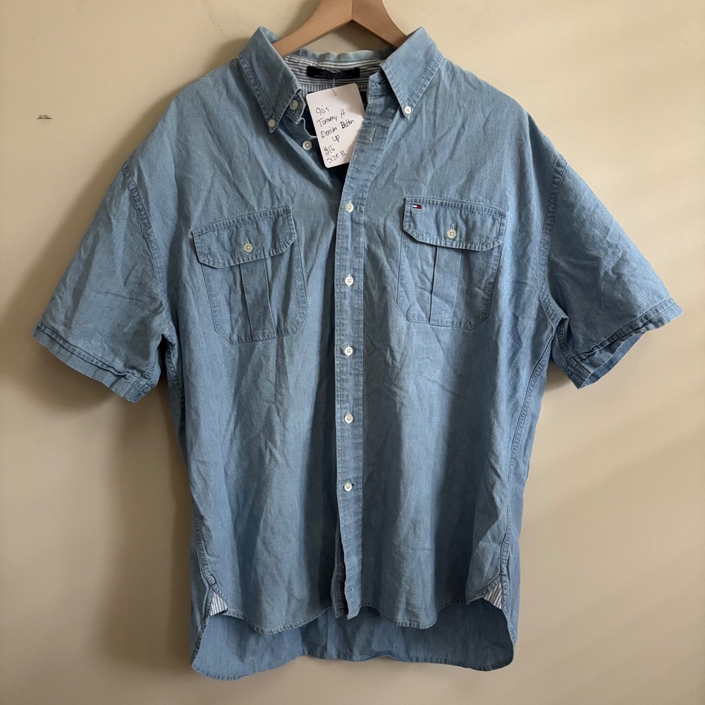 Vintage 90s Tommy Hilfiger Denim Button Down Shirt Mens XL Blue Short Sleeve